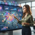 Mapa digital com camadas geoespaciais sobrepostas, acompanhadas de ícones de inteligência artificial e gráficos de dados most