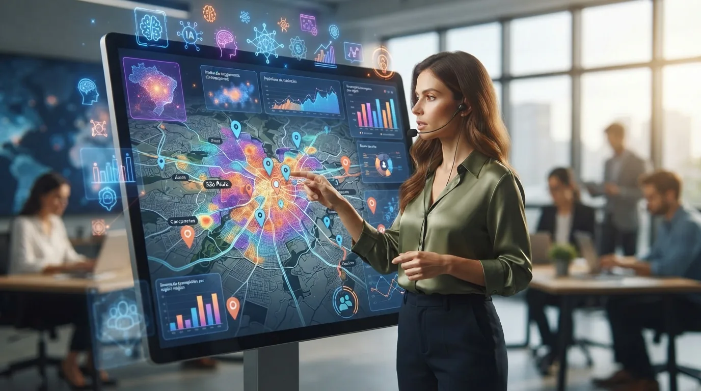Mapa digital com camadas geoespaciais sobrepostas, acompanhadas de ícones de inteligência artificial e gráficos de dados most
