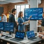 Imagem ilustrativa da integração de inteligência artificial em ambientes de agências de marketing, mostrando profissionais tr