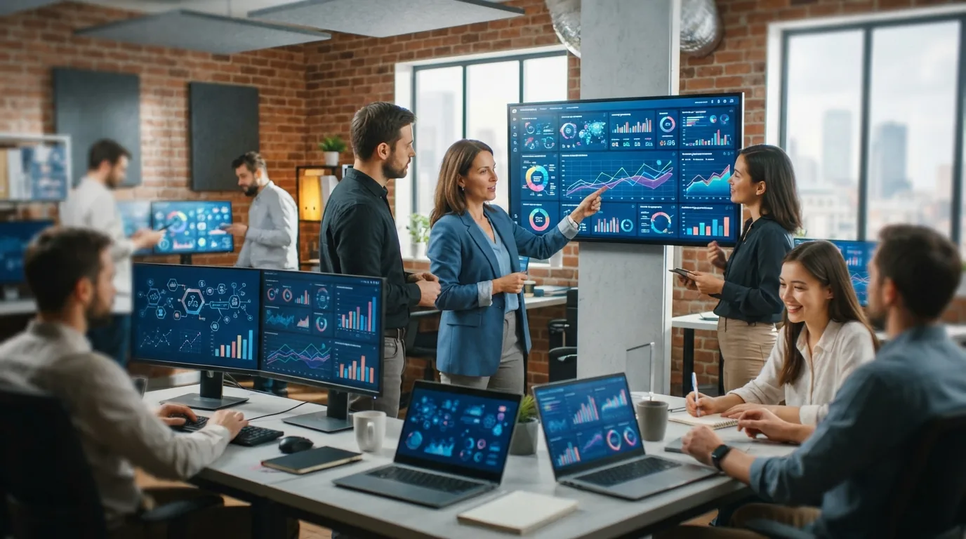 Imagem ilustrativa da integração de inteligência artificial em ambientes de agências de marketing, mostrando profissionais tr
