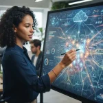 Ilustração de mapas digitais com marcações locais e elementos gráficos de inteligência artificial simbolizando otimização de