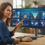 Representação gráfica de uma tela de computador exibindo painéis de controle de SEO combinados com ícones de inteligência art