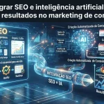 Gráfico ilustrando a integração entre SEO e inteligência artificial com elementos como busca na internet, algoritmos, gráfico