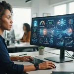 Ilustração de um painel digital combinando ícones de SEO técnico e inteligência artificial, representando a automação e otimi