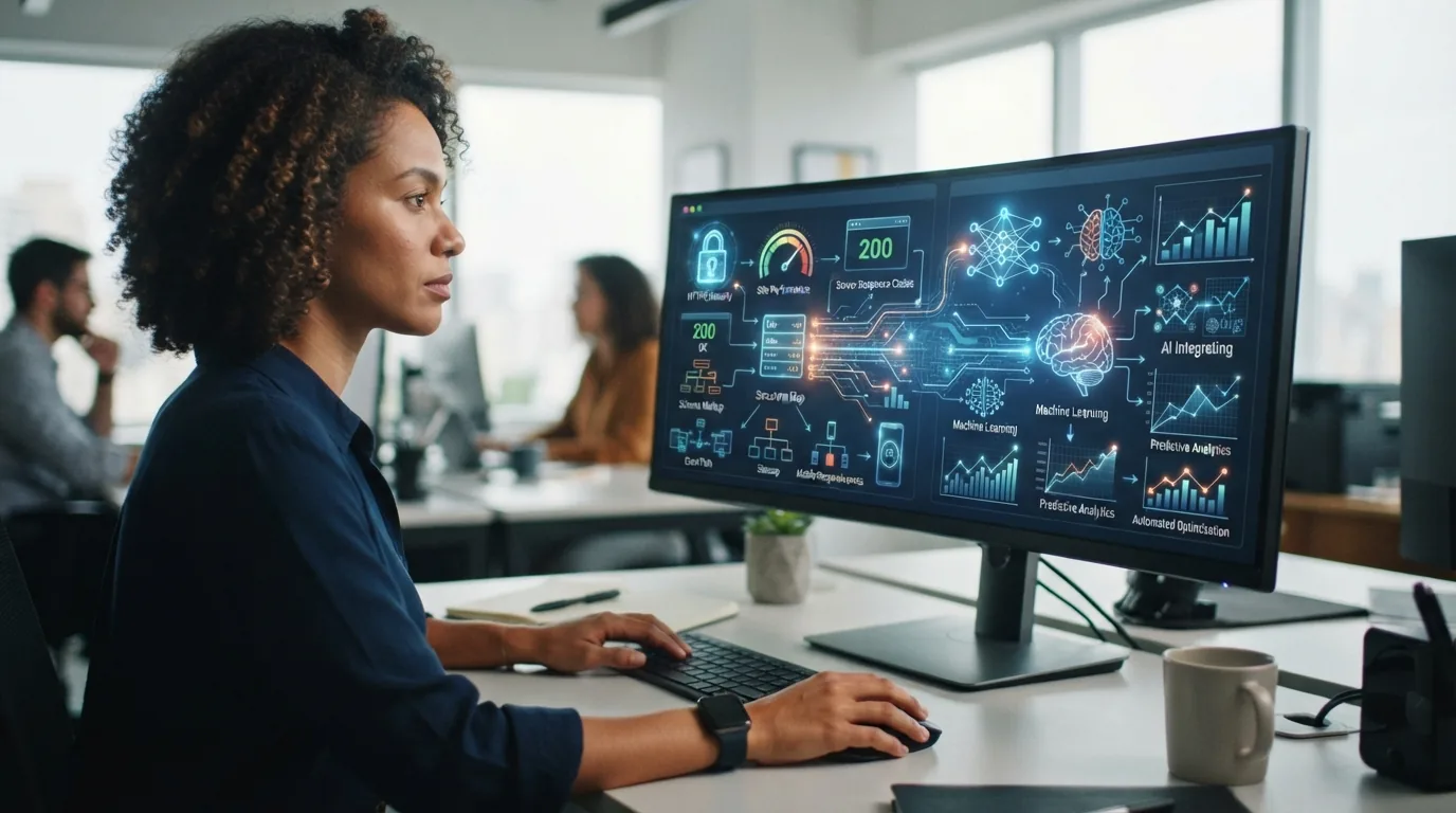 Ilustração de um painel digital combinando ícones de SEO técnico e inteligência artificial, representando a automação e otimi