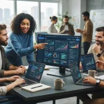 Ilustração de uma equipe de marketing utilizando uma plataforma digital que integra inteligência artificial e SEO para otimiz