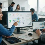 Representação visual de um website sendo otimizado, com ícones de performance, análise de dados e experiência do usuário dest