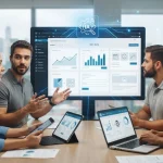 Ilustração de um site corporativo em WordPress com elementos gráficos representando inteligência artificial e automação integ