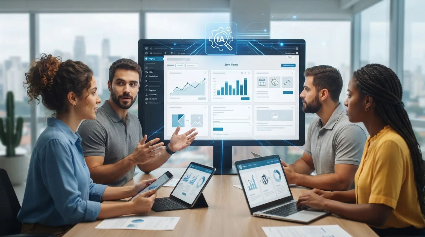 Ilustração de um site corporativo em WordPress com elementos gráficos representando inteligência artificial e automação integ