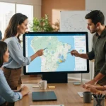 Mapa digital com camadas de dados geoespaciais sobrepostos em uma interface de plataforma automatizada de publicação, ilustra