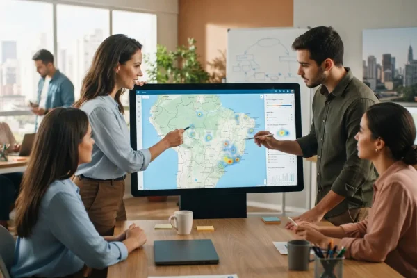 Mapa digital com camadas de dados geoespaciais sobrepostos em uma interface de plataforma automatizada de publicação, ilustra