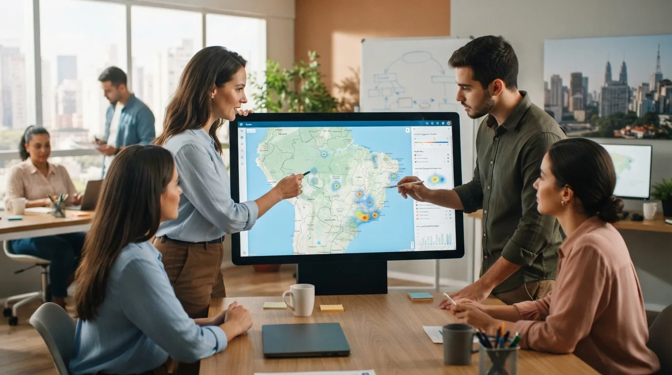 Mapa digital com camadas de dados geoespaciais sobrepostos em uma interface de plataforma automatizada de publicação, ilustra