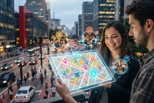 Mapa digital com ícones de locais comerciais marcados, sobreposto por elementos gráficos representando tecnologia e conexão g