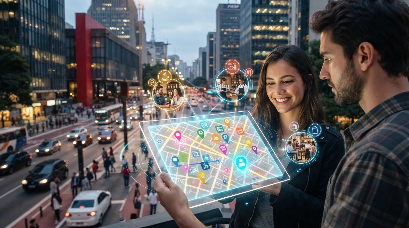 Mapa digital com ícones de locais comerciais marcados, sobreposto por elementos gráficos representando tecnologia e conexão g