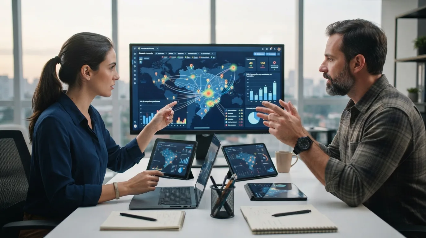 Ilustração mostrando a integração entre mapas geográficos digitais e inteligência artificial em estratégias de marketing, com