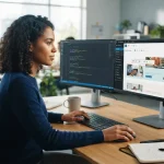 Interface de WordPress exibindo código PHP ao lado de um painel de edição de conteúdo, representando a customização avançada
