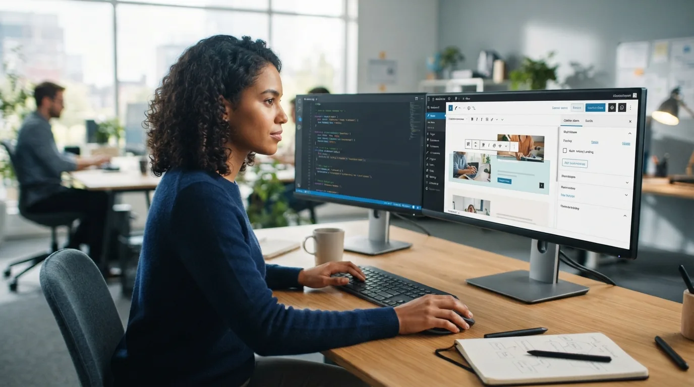Interface de WordPress exibindo código PHP ao lado de um painel de edição de conteúdo, representando a customização avançada