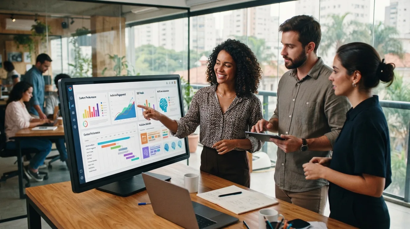 Imagem ilustrativa de profissionais de marketing brasileiros utilizando uma plataforma digital com gráficos e inteligência ar