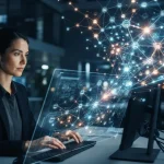 Ilustração digital mostrando uma rede de conexões entre sites com elementos de inteligência artificial, simbolizando a otimiz