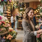 Ambiente comercial encantador decorado com várias flores coloridas, exibindo dispositivos de inteligência artificial e sensor