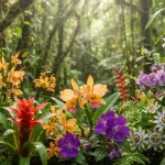 Imagem ilustrativa de várias flores nativas brasileiras coloridas sobre fundo natural, representando diversidade e riqueza da