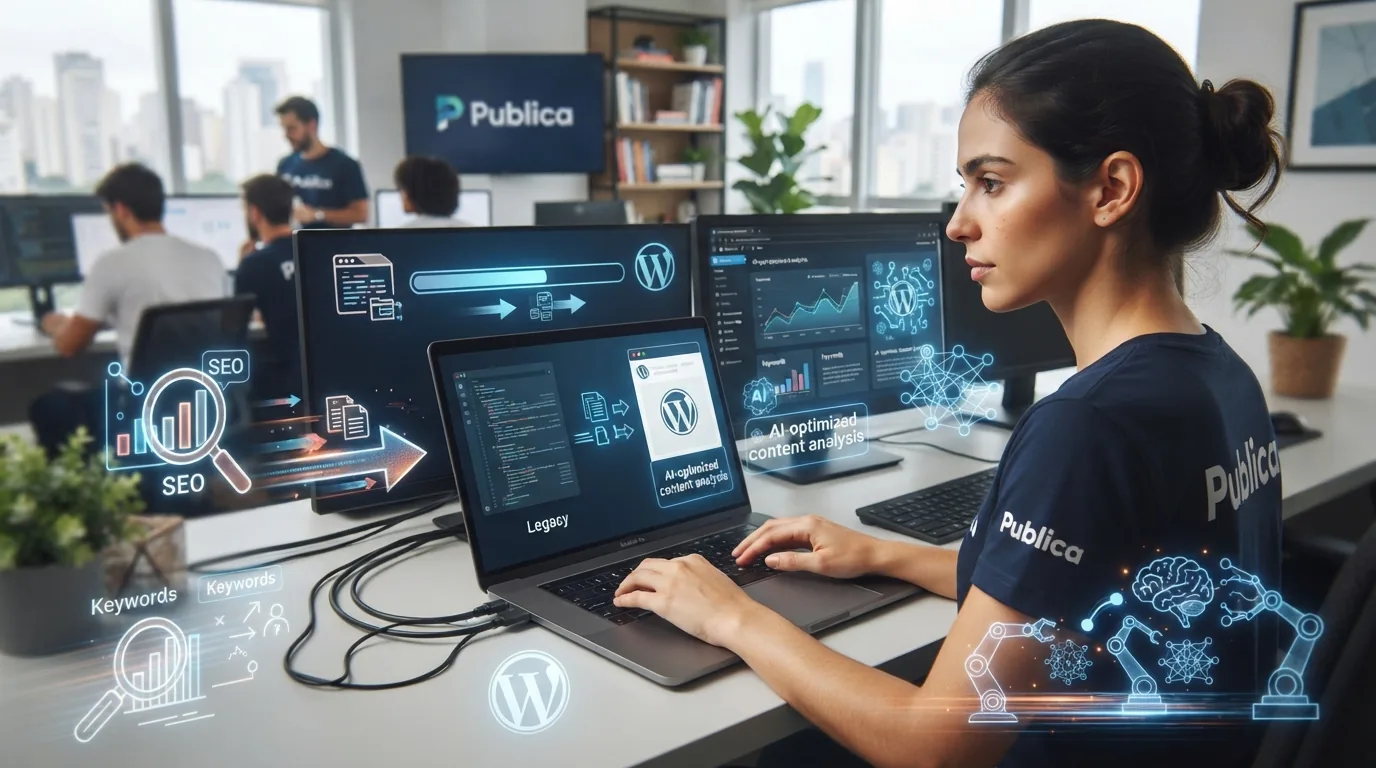 Imagem ilustrativa de um site sendo transferido para WordPress com ícones representando SEO e inteligência artificial ao redo