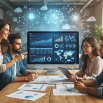 Imagem ilustrativa de uma equipe de marketing analisando gráficos de SEO em um computador, com elementos visuais de inteligên