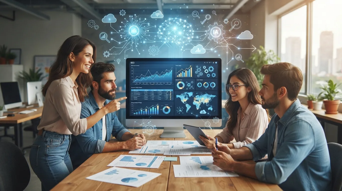 Imagem ilustrativa de uma equipe de marketing analisando gráficos de SEO em um computador, com elementos visuais de inteligên