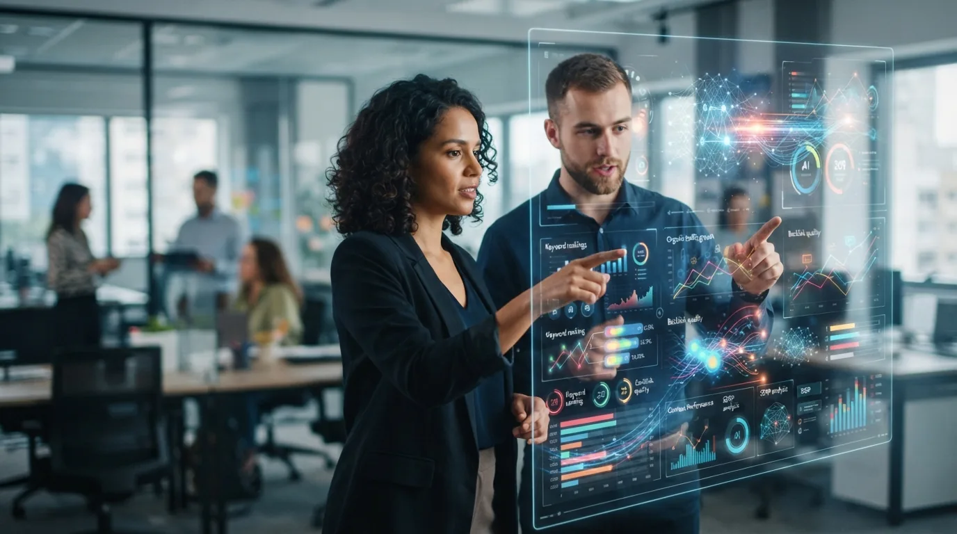 Gráfico digital com indicadores de desempenho SEO e elementos visuais de inteligência artificial integrando dados e análises
