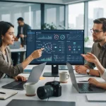 Ilustração de uma equipe de marketing utilizando uma plataforma digital que integra inteligência artificial para automatizar
