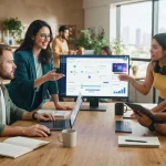 Equipe de marketing utilizando plataforma digital com interface de IA para criação e gestão automatizada de campanhas, ilustr