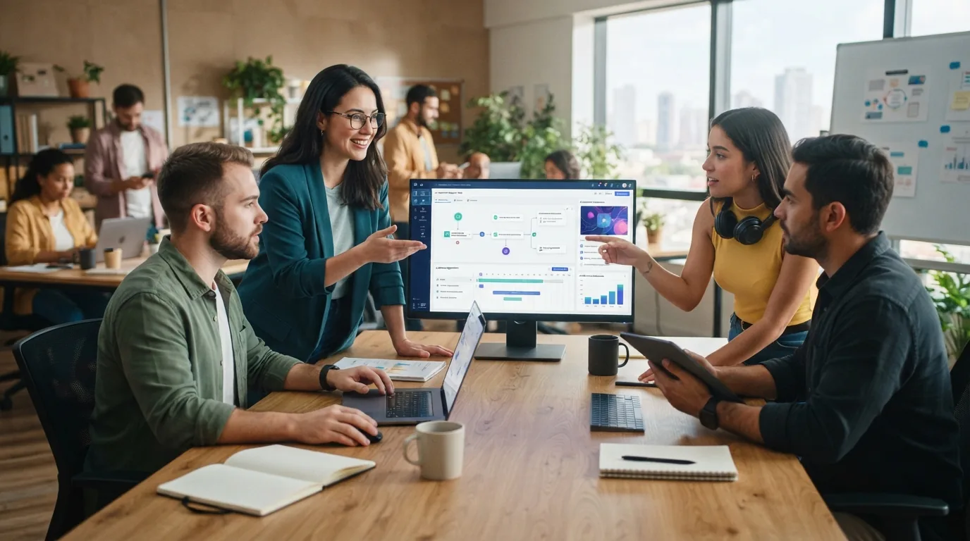 Equipe de marketing utilizando plataforma digital com interface de IA para criação e gestão automatizada de campanhas, ilustr
