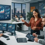 Imagem ilustrativa de uma equipe de marketing digital utilizando inteligência artificial para criar e otimizar conteúdo onlin