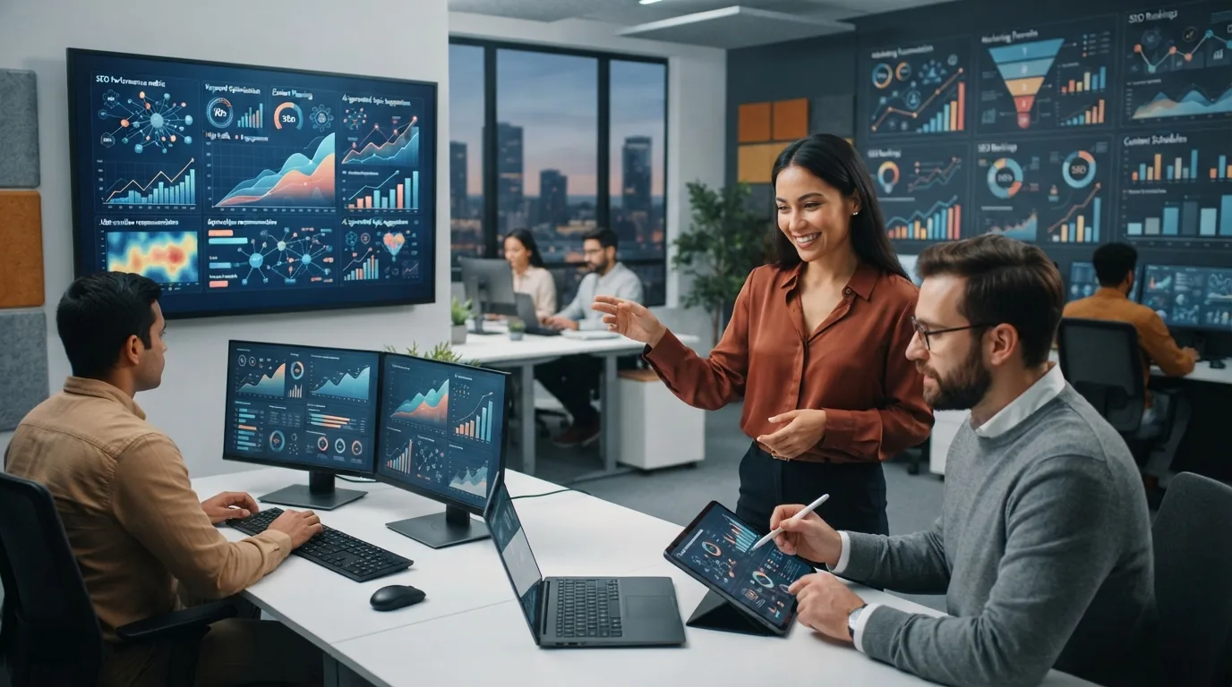 Imagem ilustrativa de uma equipe de marketing digital utilizando inteligência artificial para criar e otimizar conteúdo onlin