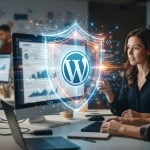 Ilustração de um escudo digital envolvendo um logotipo do WordPress, com elementos que representam inteligência artificial e