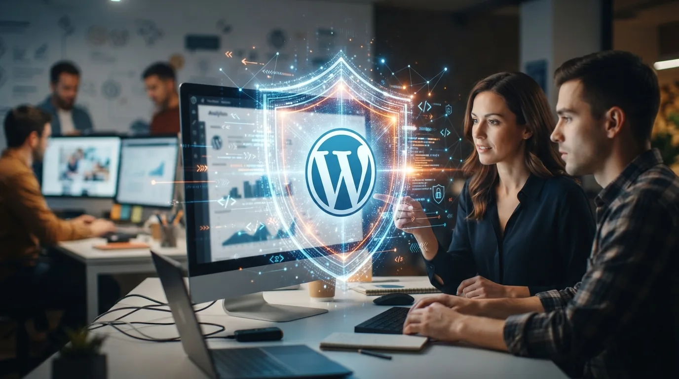 Ilustração de um escudo digital envolvendo um logotipo do WordPress, com elementos que representam inteligência artificial e