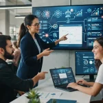 Ilustração de uma equipe de marketing utilizando uma plataforma digital com gráficos, fluxos de trabalho e símbolos de inteli