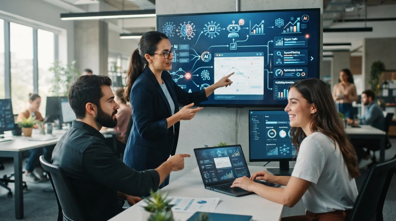 Ilustração de uma equipe de marketing utilizando uma plataforma digital com gráficos, fluxos de trabalho e símbolos de inteli