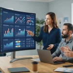 Ilustração de uma equipe de marketing usando uma plataforma digital de inteligência artificial para otimizar SEO, com gráfico