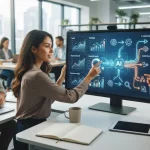 Ilustração mostrando fluxos de trabalho automatizados em SEO integrando inteligência artificial com gráficos de desempenho e