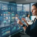 Ilustração de um painel digital com gráficos, dados e fluxos conectados mostrando a integração de inteligência artificial no