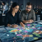Imagem ilustrativa de mapas digitais com gráficos e ícones que representam dados geoespaciais analisados por inteligência art