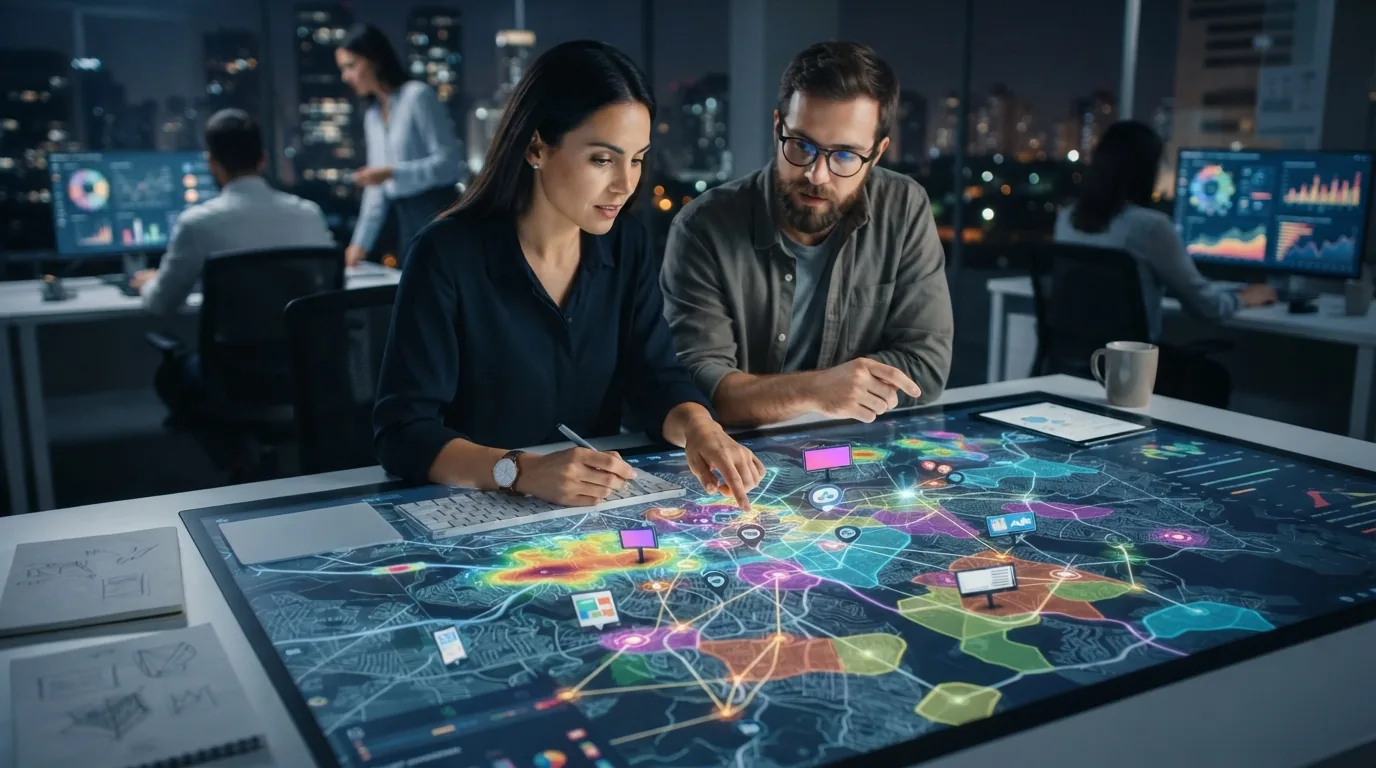 Imagem ilustrativa de mapas digitais com gráficos e ícones que representam dados geoespaciais analisados por inteligência art