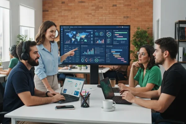 Ilustração de uma equipe de marketing utilizando uma plataforma digital com gráficos, textos automatizados e fluxos de trabal