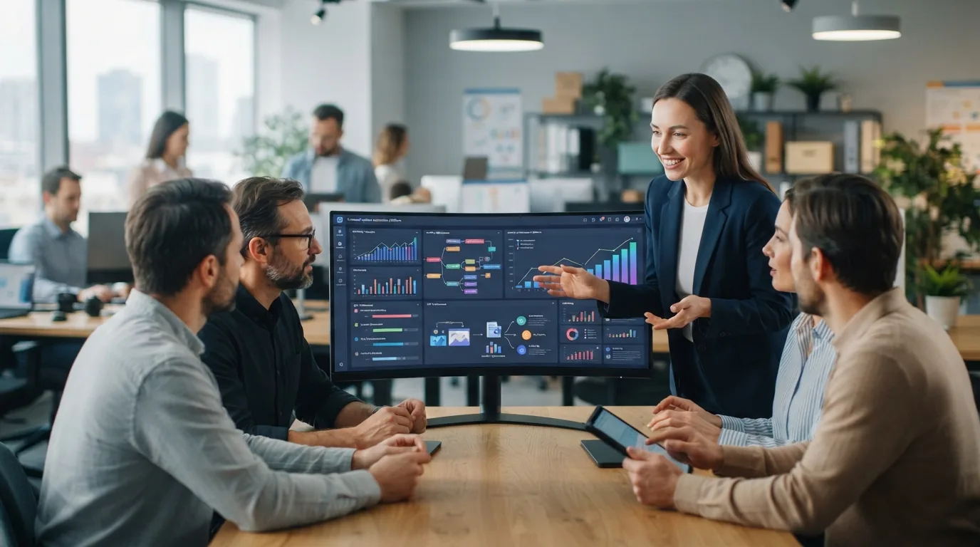 Imagem ilustrativa de uma equipe de marketing utilizando uma plataforma digital com elementos visuais de IA e gráficos de pro